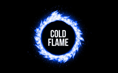 Poster - Blue cold flame ring, fiery circle with glowing energy effect on dark background. Futuristic burning circle for sci-fi, cyber, digital, tech or fantasy visual concepts. Vector illustration.
