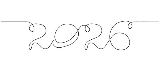 Poster - Continuous linear drawing of 2026 modern text vector design template for New Year card, cover, poster, calendar. One line hand drawn number 2026. Editable stroke.