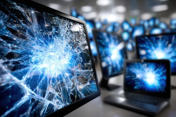 Fototapete - Shattered screens reflect vivid blue light in a technology-filled workspace