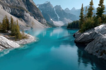 Aufkleber - Turquoise Lake Surrounded by Rocky Mountains and Evergreen Trees, Representing Serenity and Ecotourism, Perfect for Travel and Destination Marketing : Generative AI