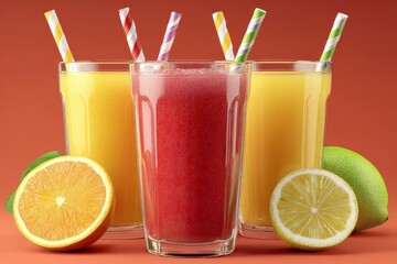 Aufkleber - Refreshing Fruit Juices in Glasses With Straws, Promoting Healthy Lifestyle Choices and Summer Refreshment, Perfect for Food and Beverage Marketing Campaigns : Generative AI