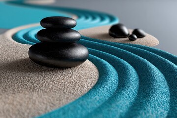Poster - Stacked Zen Stones in Sand Garden With Turquoise Accents, Symbolizing Mindfulness and Serenity in Interior Design and Wellness Retreats, Close-Up : Generative AI