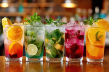 Aufkleber - Colorful Summer Cocktails With Citrus and Mint on Bar, Representing Refreshment and Hospitality Industry Trends : Generative AI