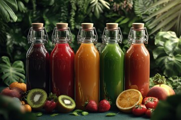 Aufkleber - Colorful Fruit Juices in Glass Bottles, Representing Healthy Lifestyle and Nutritional Wellness, Perfect for Food Bloggers and Dietary Advertising : Generative AI