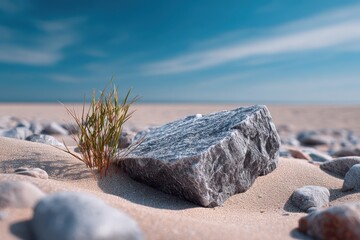 Poster - Granite Boulder on Sandy Beach With Grass, Representing Coastal Serenity and Environmental Awareness for Tourism Marketing and Nature Conservation : Generative AI