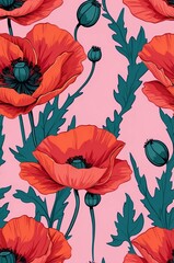 Wall Mural - Poppies on pink background cartoonish seamless pattern