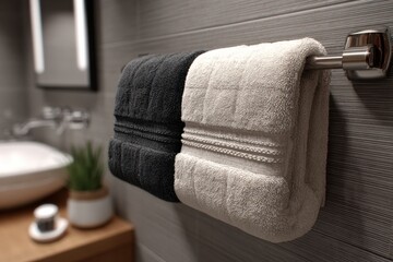 Poster - Black and White Towels Hanging in Modern Bathroom, Displaying Cleanliness and Home Improvement : Generative AI