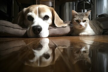Poster - Beagle Resting on Pillow Next to Cat on Wood Floor, Depicting Friendship and Pet Adoption : Generative AI