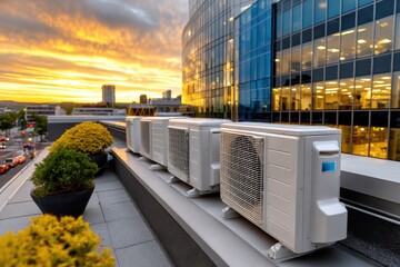 Poster - Air Conditioning Units on a Rooftop at Sunset, Representing Sustainable Technology and Energy Efficiency for Environmental Responsibility : Generative AI