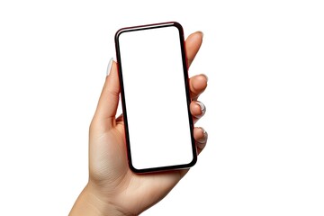 Clear Pixel Image of Smartphone with Blank Screen in Female Hand on White Background Closeup