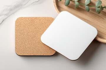 Aufkleber - Two Square Coasters on Marble Surface, One Blank White and One Cork, Ideal for Product Mockups and Branding Presentation, Representing Minimalist Style : Generative AI