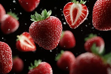 Poster - Floating Strawberries on Black Background, for Healthy Eating and Summer Nutrition : Generative AI