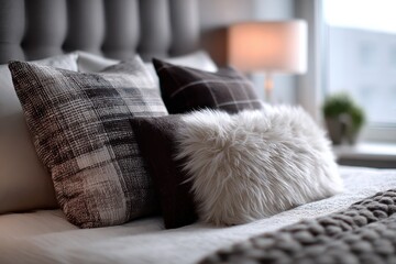 Aufkleber - Fluffy Pillows Arranged on a Bed in a Cozy Bedroom, Showcasing Interior Design and Home Improvement Ideas : Generative AI