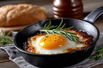 Aufkleber - Fried Egg in Cast Iron Pan With Rosemary, Representing Culinary Arts and Comfort Food, Perfect for Restaurant Menus and Food Blogs : Generative AI