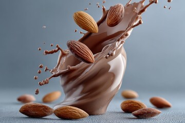 Poster - Almonds Splashing Into Chocolate Milk, Representing Healthy Indulgence and Food Advertisement Appeal : Generative AI