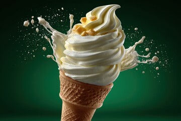 Poster - Vanilla Ice Cream Cone With Splash and Toffee Pieces Against Green Background, Ideal For Summer Treats and Indulgence : Generative AI