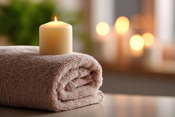 Poster - Candle on Rolled Towel in Spa Setting, Offering Relaxation and Wellness for Hospitality and Self-Care Businesses : Generative AI