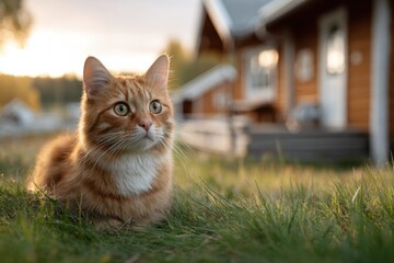 Poster - Ginger Cat Relaxing in Grassy Yard at Sunset, Representing Pet Ownership and the Comforts of Home, Perfect for Real Estate or Lifestyle Content : Generative AI