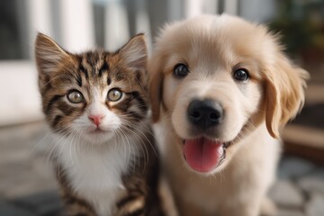 Poster - Close-Up of Kitten and Puppy Together, Symbolizing Friendship and Pet Adoption : Generative AI