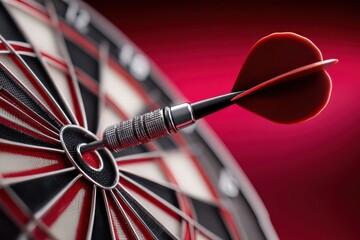 Poster - Dart Hitting Bullseye on Dartboard With Red Background, Symbolizing Precision Marketing and Strategic Planning for Business Success : Generative AI