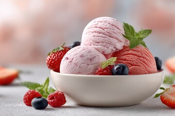 Aufkleber - Bowl of Berry Ice Cream Scoops With Mint and Fresh Fruit, Representing Summer Indulgence and Sweet Reward : Generative AI