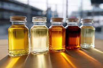 Poster - Bottles of Different Colored Liquids on a Wooden Surface, Illustrating Experimentation and Scientific Research in a Pharmaceutical Setting : Generative AI