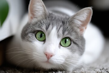 Poster - Close-Up of Gray and White Cat With Piercing Green Eyes, Representing Pet Ownership and Animal Companionship : Generative AI
