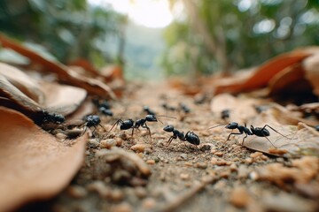 Aufkleber - Team Of Ants Working Together on Forest Floor, Representing Teamwork, Collaboration, and Insect Society : Generative AI