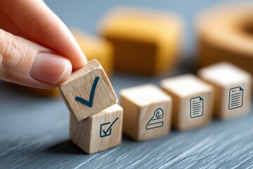 Poster - Hand Stacking Wooden Blocks with Check Marks, Symbolizing Project Management and Task Completion for Business Workflow : Generative AI