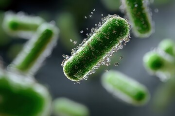 Aufkleber - Green Bacteria Cells With Water Droplets in Macro View, Illustrating Scientific Research and Medical Breakthroughs in Healthcare : Generative AI