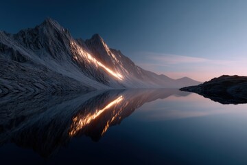 Aufkleber - Snowy Mountain Range Reflected in Still Lake at Dusk, Evoking Serenity and Environmental Awareness for Conservation Projects : Generative AI