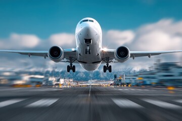 Poster - Airplane Taking Off at Airport Runway With Blurry Motion, Representing Travel Industry and Global Transportation : Generative AI