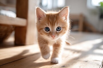 Poster - Ginger Kitten Walking Towards Camera on Wooden Floor, Representing Pet Adoption and Childhood Innocence : Generative AI