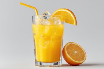 Aufkleber - Refreshing Orange Juice With Ice Cubes and Straw, Representing Healthy Lifestyle and Summer Refreshment, Perfect for Food and Beverage Advertising : Generative AI
