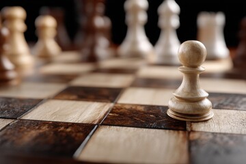 Poster - Close-Up of Chess Pawn on Wooden Board, Symbolizing Strategy and Business Planning, With Other Pieces Blurred in Background : Generative AI