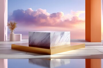 Poster - Marble Product Display on Golden Platform With Sky, Ideal for Luxury Branding and Cosmetic Presentation Mockup, Showcasing Elegance and Sophistication : Generative AI