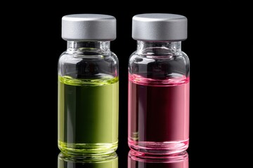 Poster - Two Glass Vials Filled With Green and Pink Liquid on Black Background, Representing Healthcare Innovation and Pharmaceutical Research : Generative AI