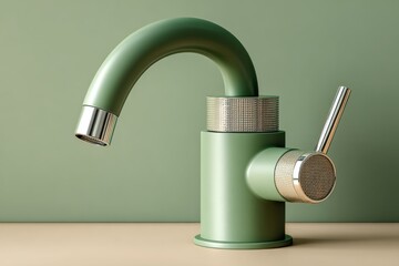 Poster - Modern Green Faucet With Silver Accents Against a Pastel Background, Showcasing Minimalist Design and Sustainable Living : Generative AI