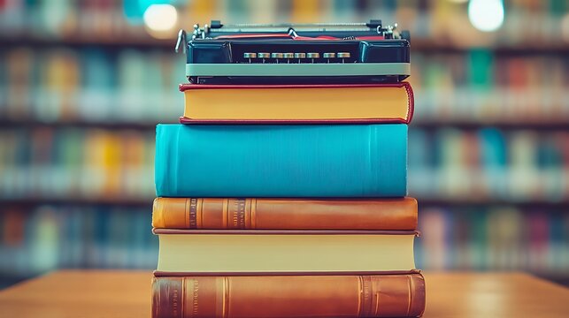 Vintage typewriter atop a stack of books in a library setting, evoking a sense of nostalgia