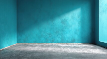 Poster - Minimalist Teal Blue Wall in Empty Space with Gray Floor and Light