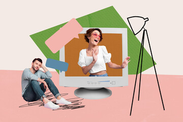 Poster - Creative poster collage of young girl from computer gadget with man sitting sms textbox