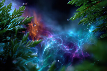 Poster - Vibrant swirling colors amid lush green foliage in a dreamy forest setting