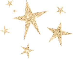 Poster - Golden glitter star shapes are sparkling in flat design, scattering across transparent background