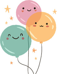 Poster - Three cheerful pastel flat design balloons are floating on transparent background, with star motifs