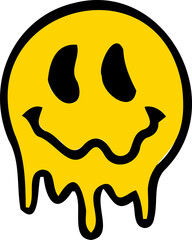 Poster - Stylized melting yellow smiley face emoji is dripping in flat design on transparent background