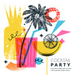 © Qualit Design - Beach summer party banner. Modern vector collage with sketch palm, cocktails, lemon, pineapple for club poster, bar menu