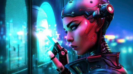Aufkleber - Female cyberpunk character with robotic arms, in front of an office window overlooking a futuristic city at night.