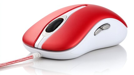 Poster - Closeup of a sleek red and white computer mouse, modern essential for seamless digital navigation