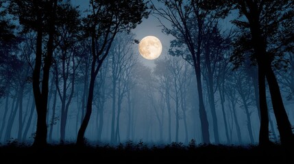 Wall Mural - full moon night in autumn forest with silhouetted trees, mystical atmosphere, photorealistic