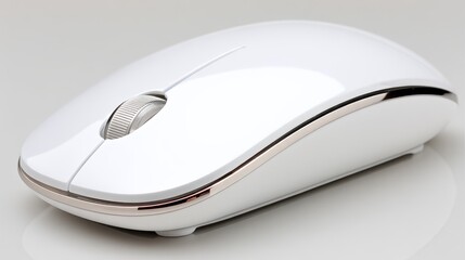 Poster - Closeup of a sleek white computer mouse on pristine white surface, minimalist approach to tech